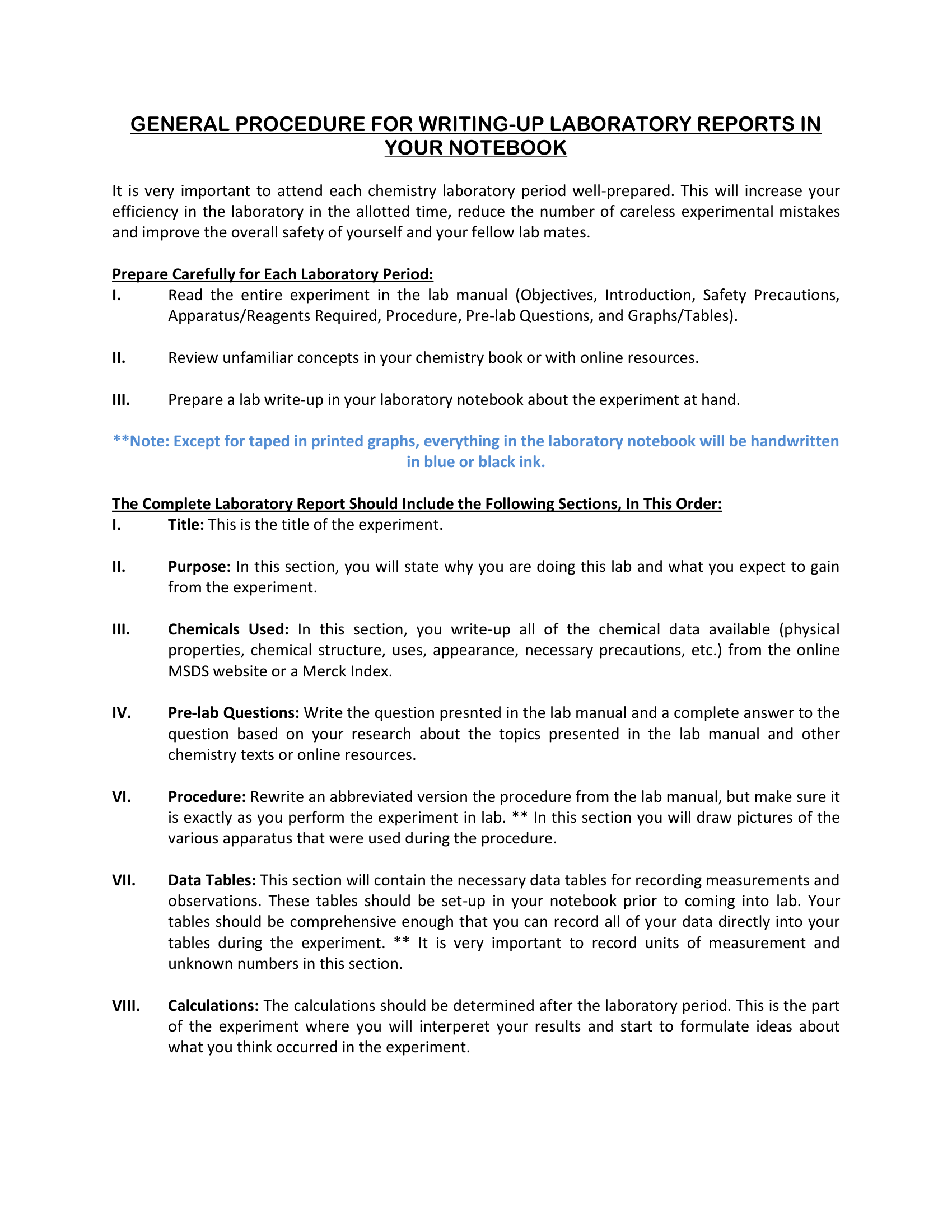 Chem 2425 General Procedure For Laboratory Notebook Write Up