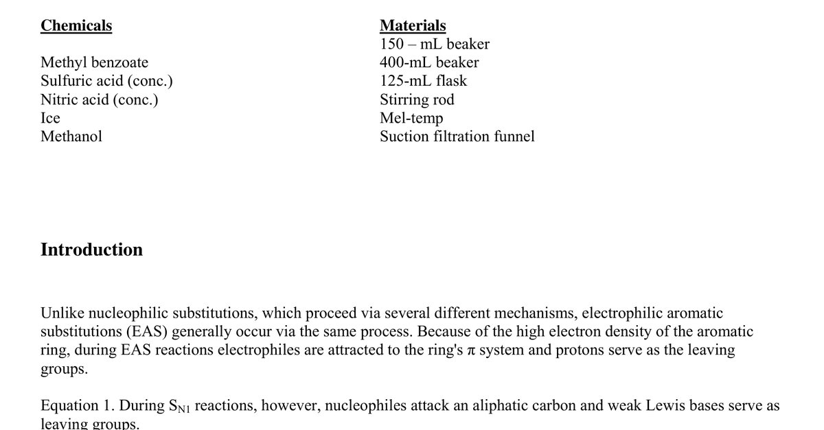 Experiment 03 Nitration of Aromatic Compounds Preparation of methyl m nitrobenzoate