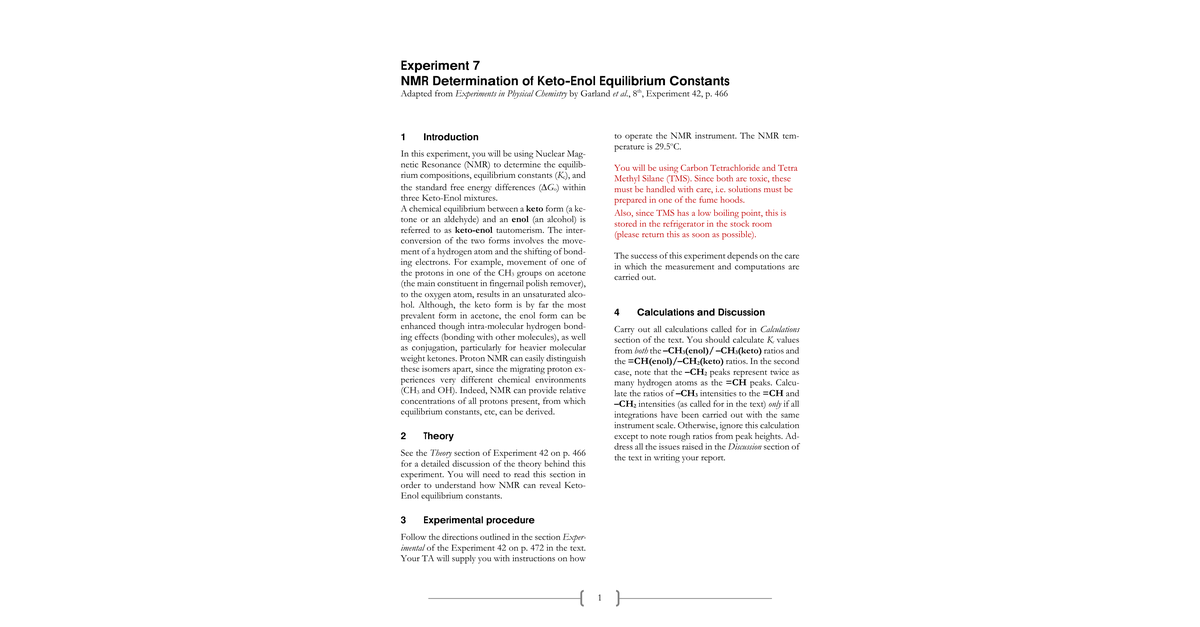Experiment 07 NMR Determination Of Keto–Enol Equilibrium Constants
