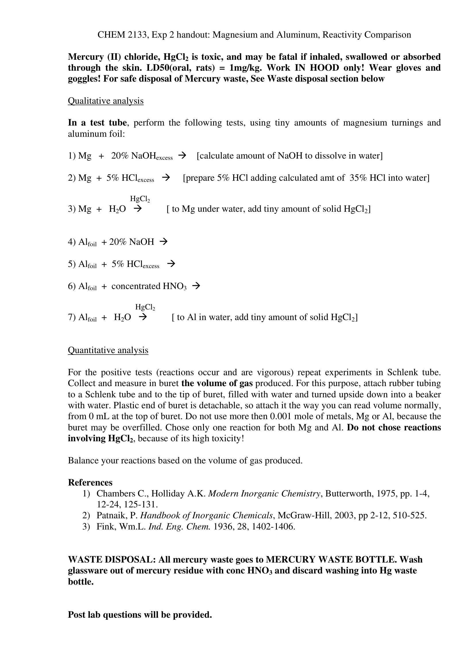 Exp 2 Handout Magnesium And Aluminum Reactivity Comparison