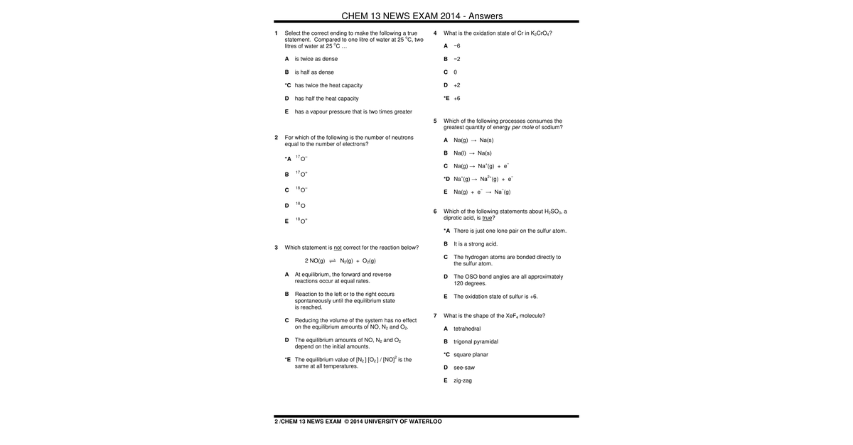 Chem 13 News Exam Solution 2014