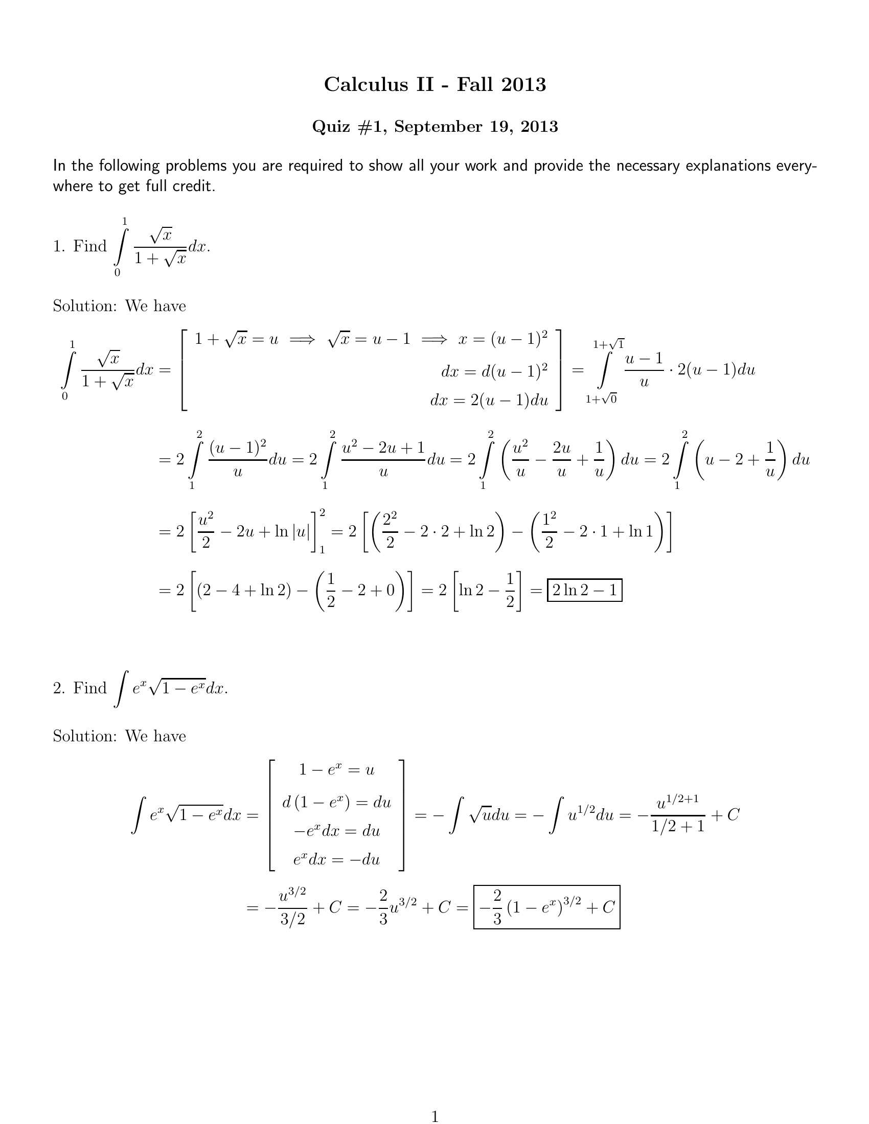Calculus Ii 11 Fall 2013 Quiz1Ver1S