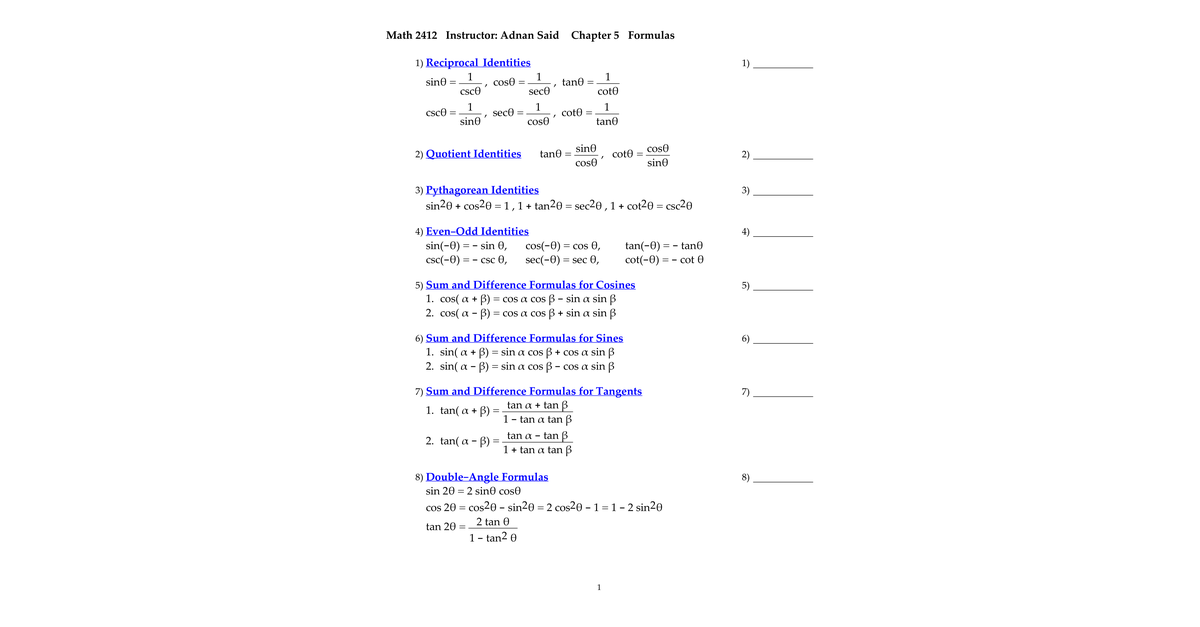 Ch5 Formula Sheet