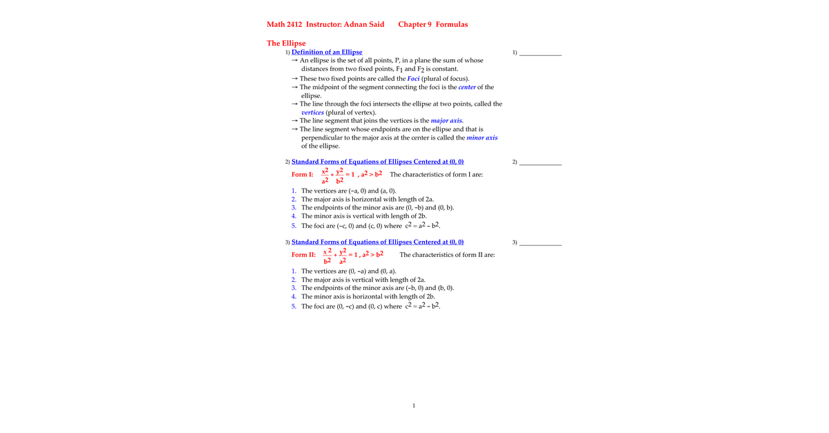 Ch 9 Formula Sheet