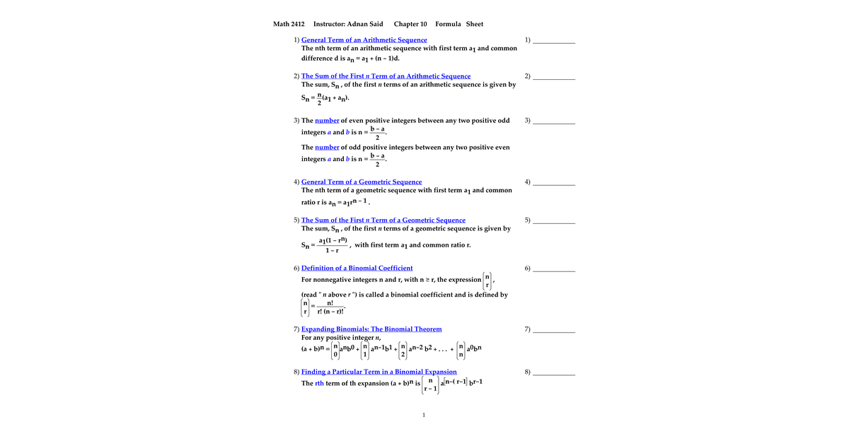 Ch10 Formula Sheet