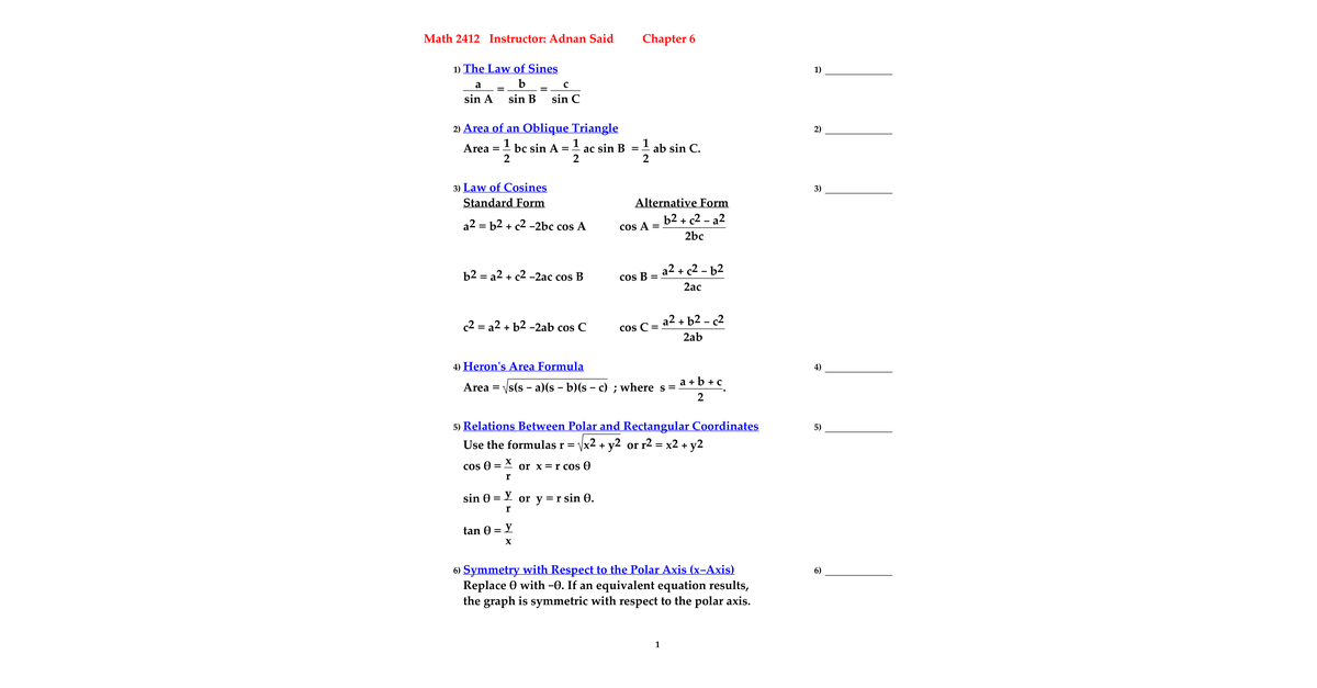 Ch6 Formula Sheet