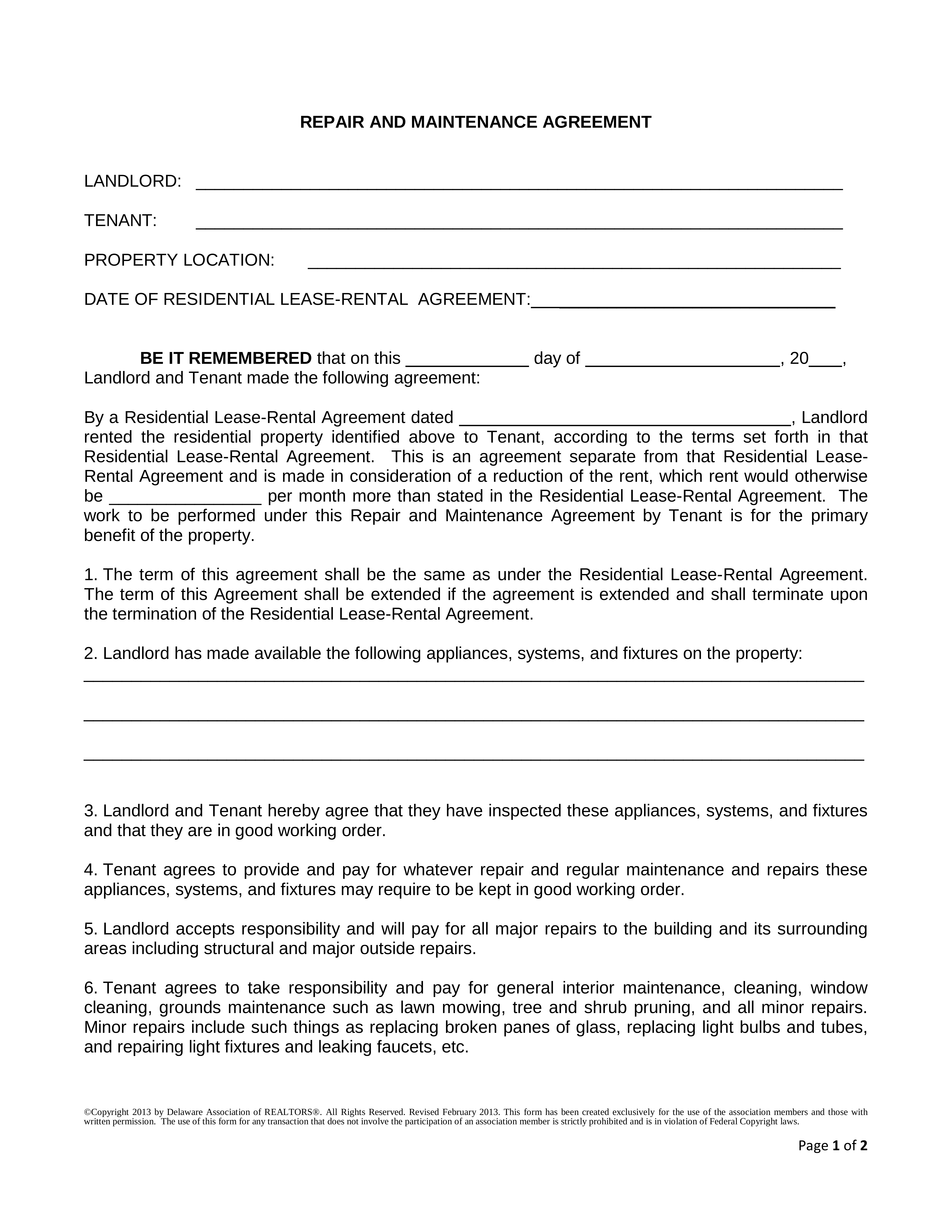 Repair And Maintenance Agreement 2 13 Final Fillable