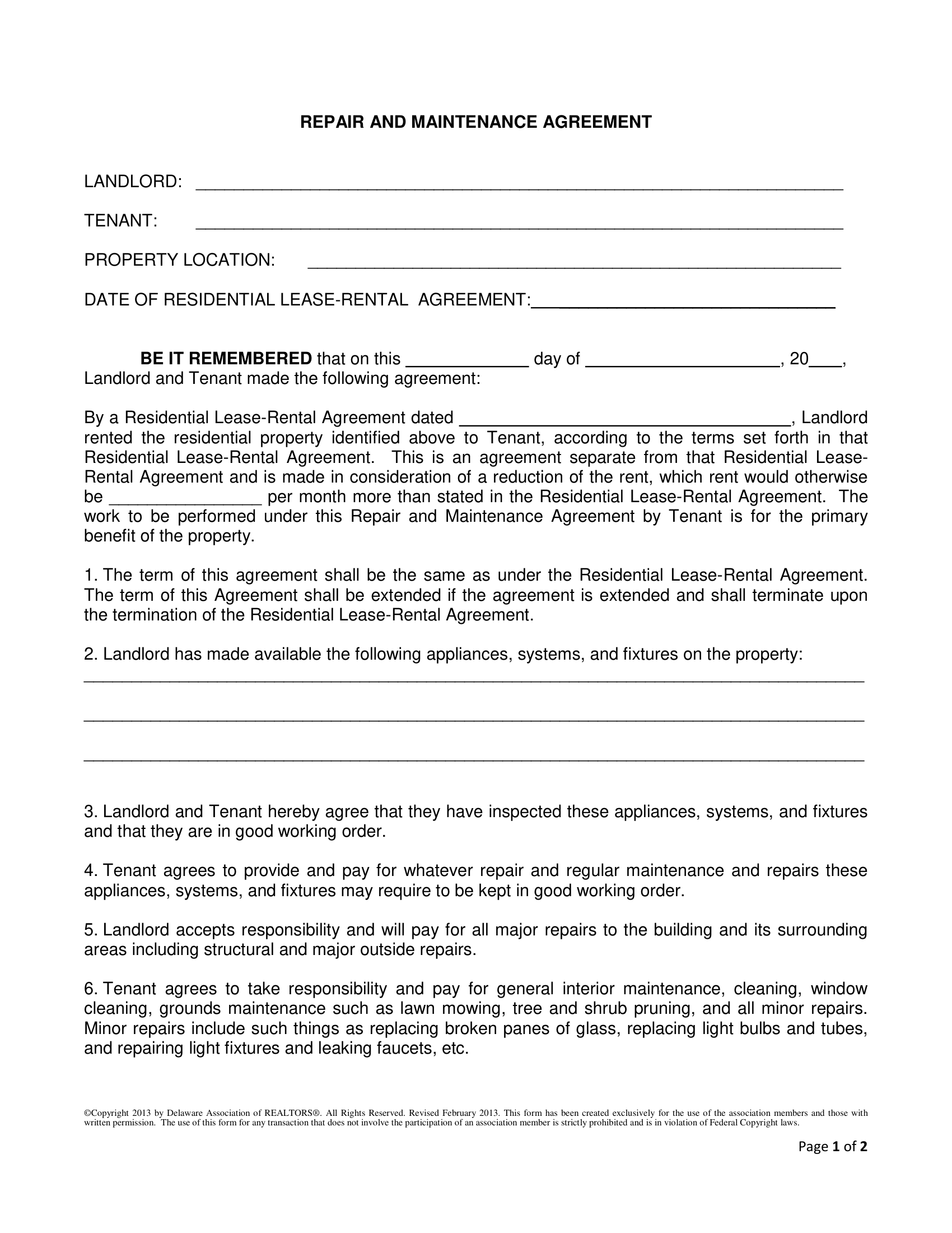 Repair And Maintenance Agreement 2 13 Final Fillable