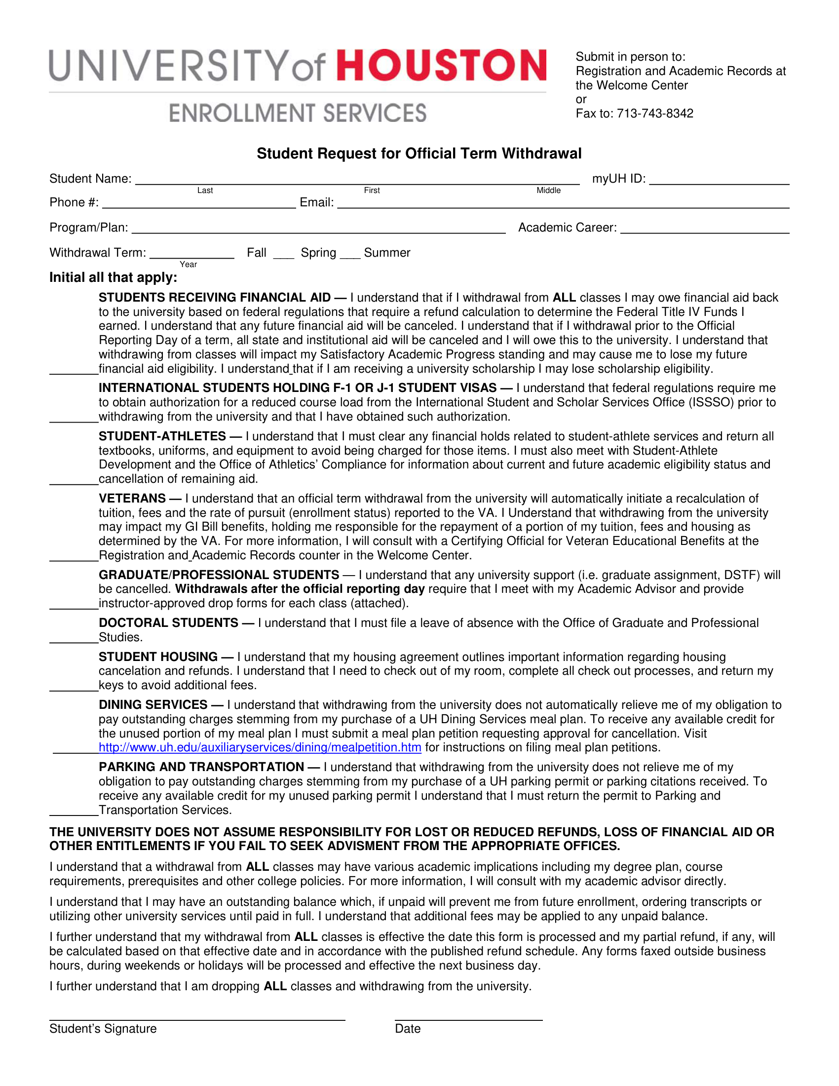 Uh Official Term Withdrawal Form