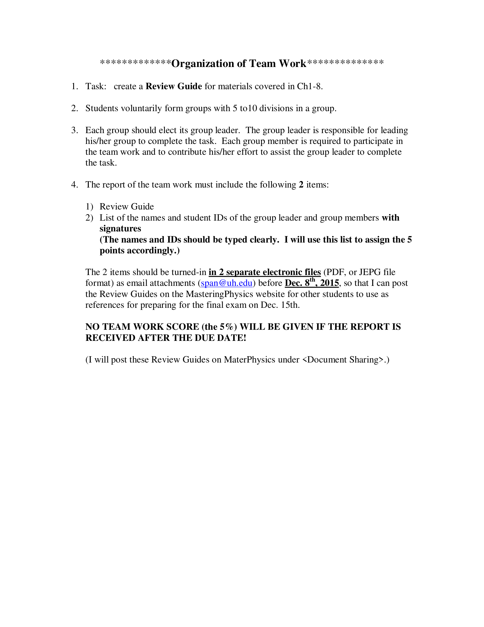 Organization Of Team Work (Fall 2015)