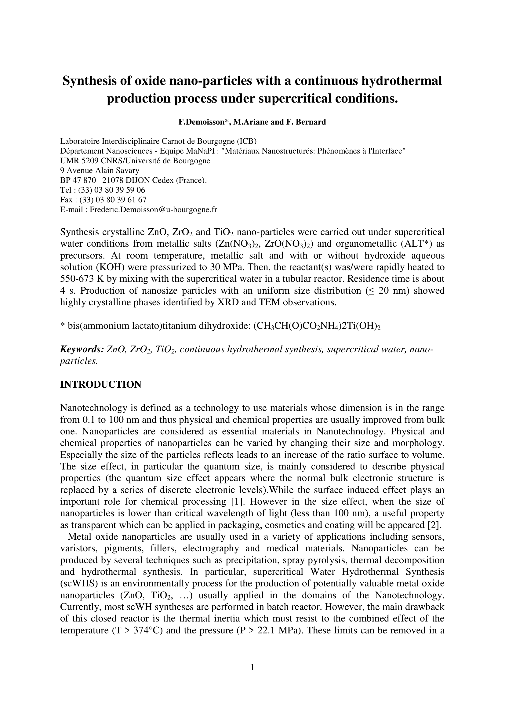 Synthesis of oxide nano-particles with a continuous hydrothermal production process under supercritical conditions