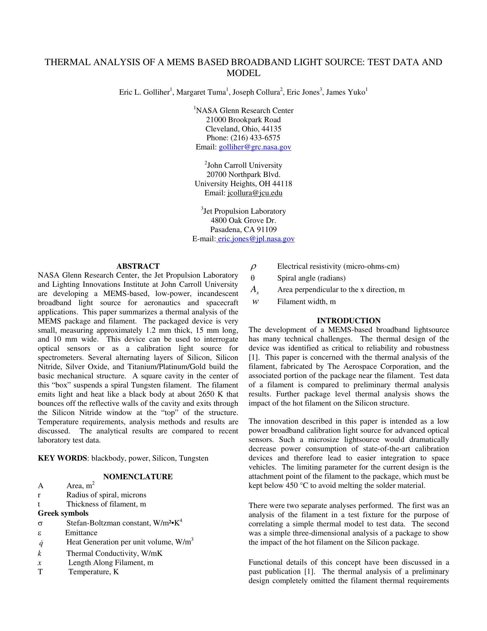 Thermal Analysis of a MEMS Based Broadband Light Source: Test Data and Model