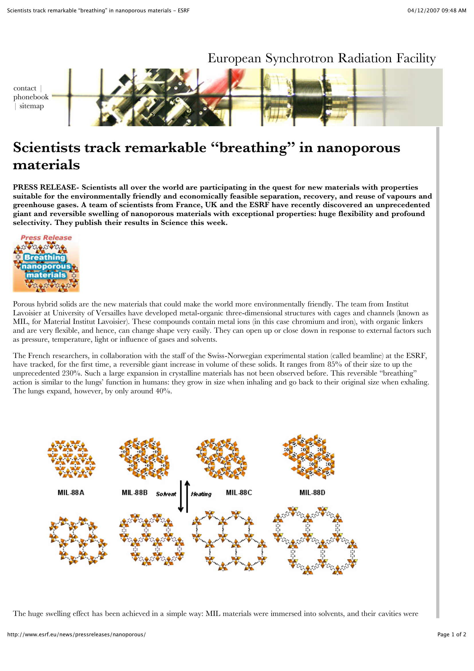 Scientists Track Remarkable “Breathing” In Nanoporous Materials Esrf