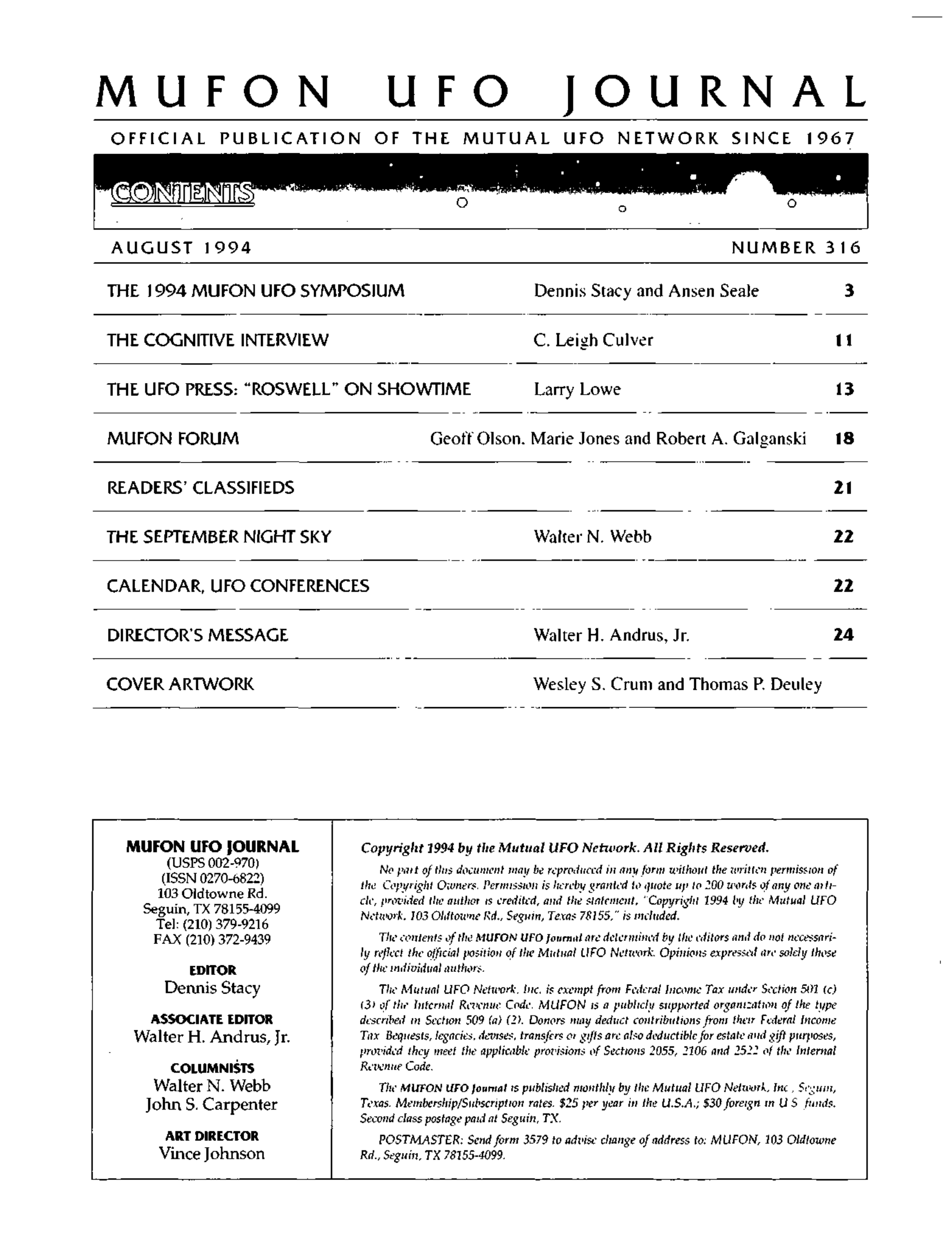 Mufon Ufo Journal 1994 8. August