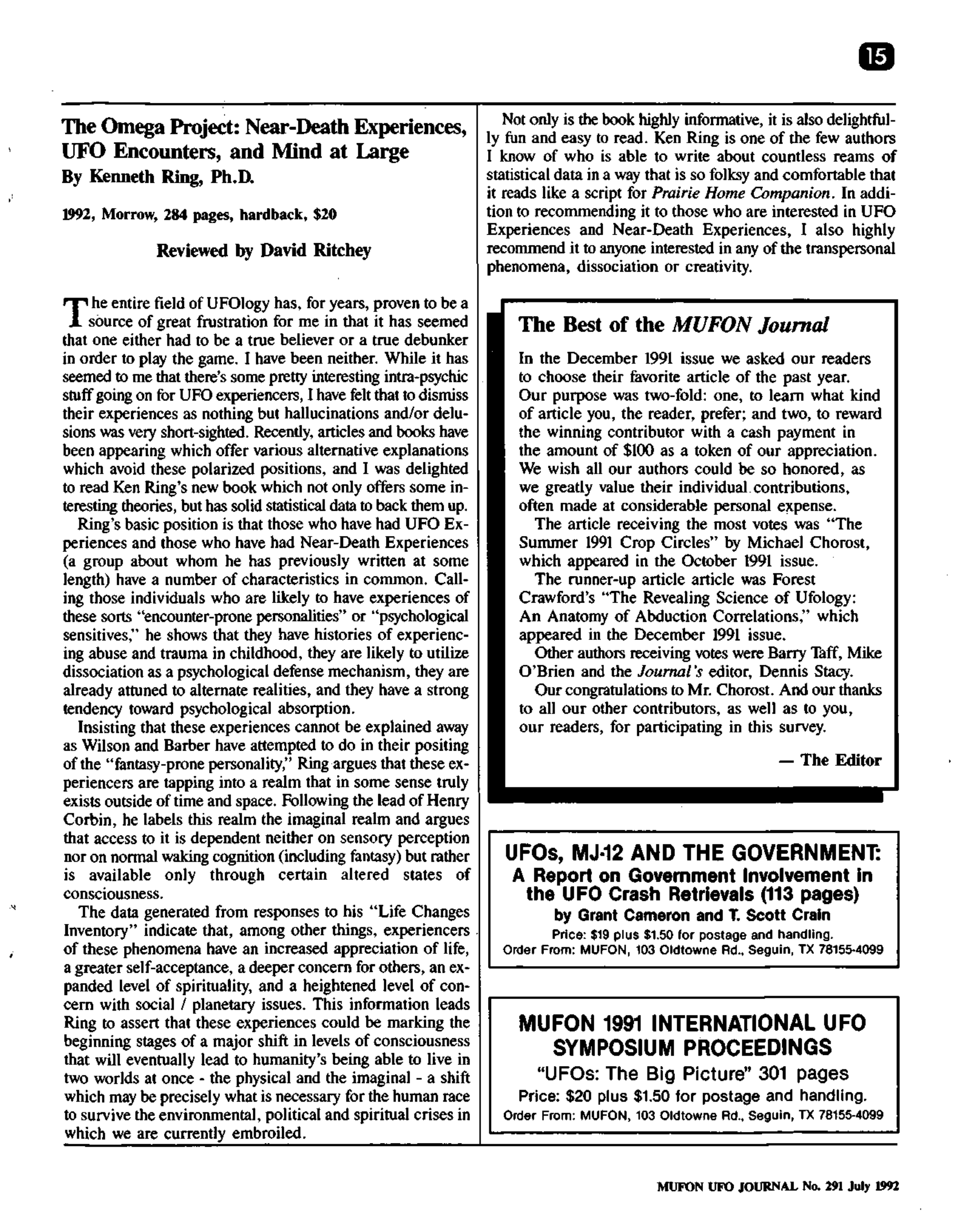 Mufon Ufo Journal 1992 7. July