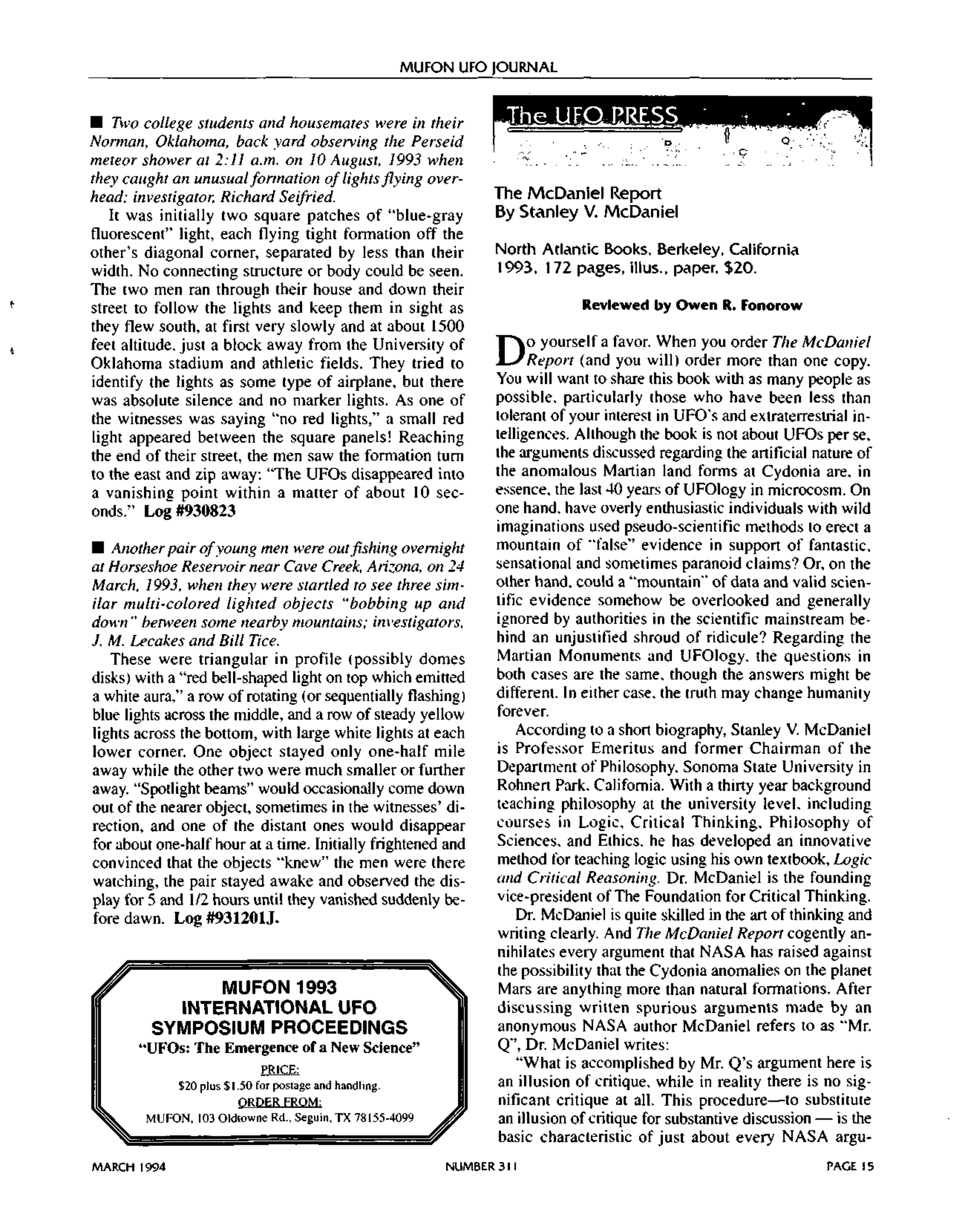 Mufon Ufo Journal 1994 3. March