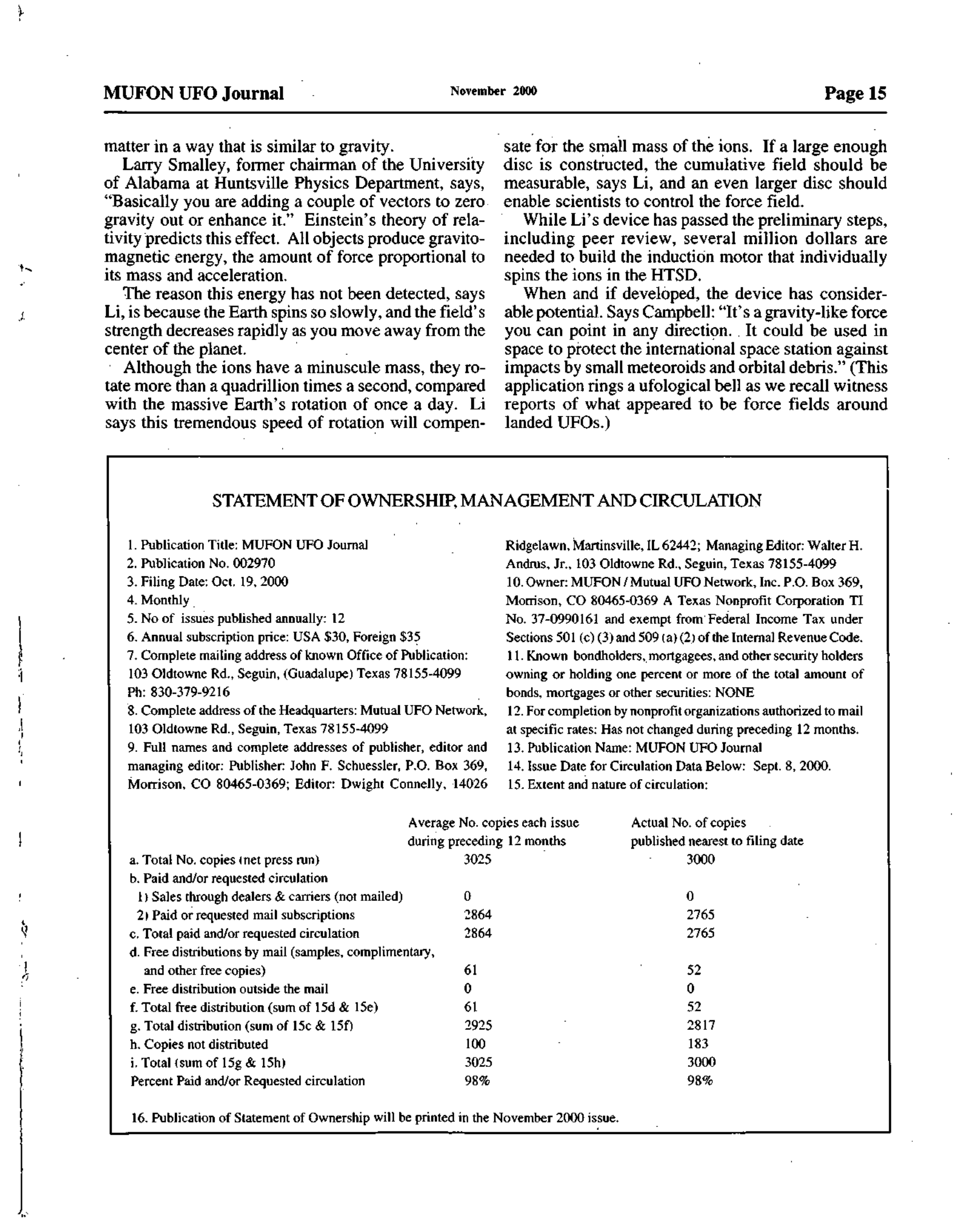 Mufon Ufo Journal 2000 11. November
