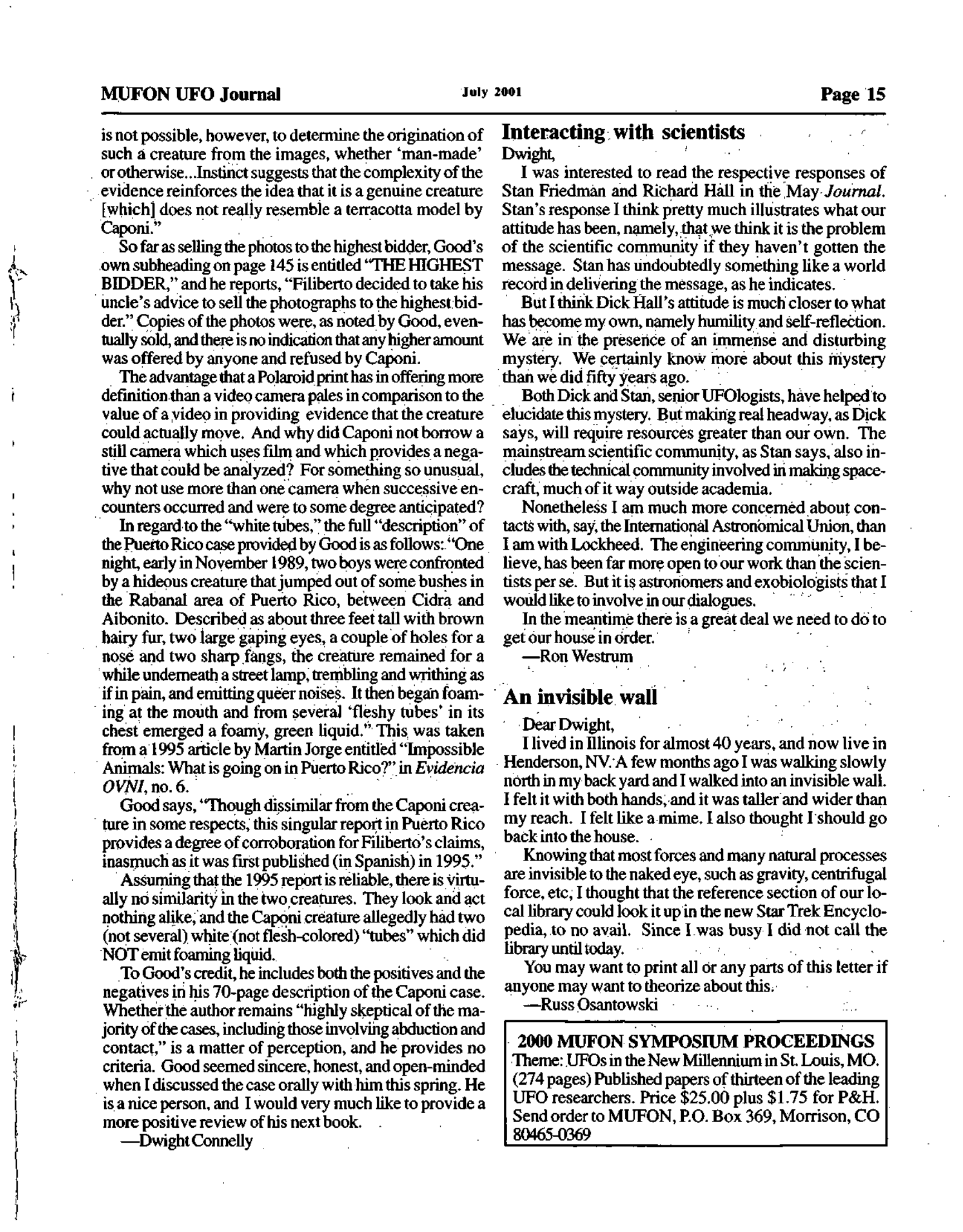Mufon Ufo Journal 2001 7. July