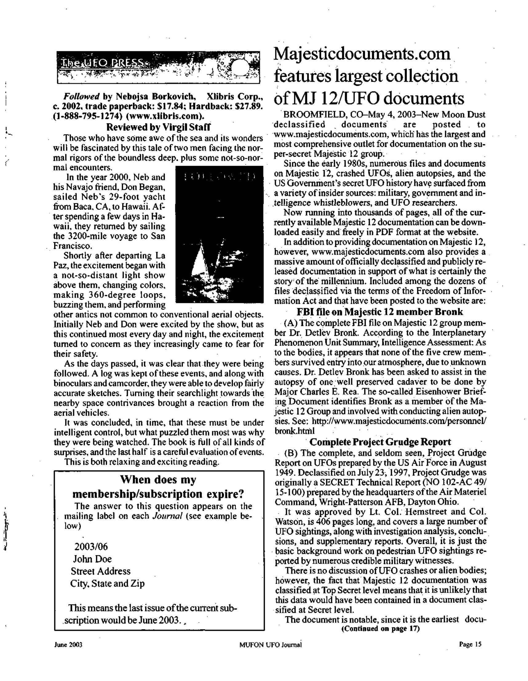 Mufon Ufo Journal 2003 6. June