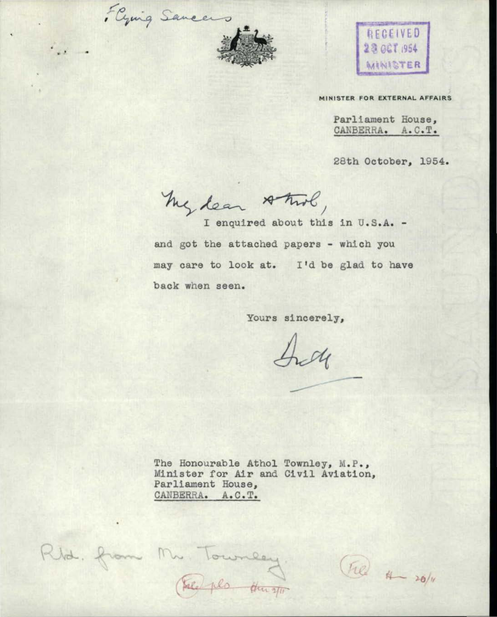 Australia Ufo Disclosure 73, 43P File M1148 Flying Saucers 1954 1955 3215027