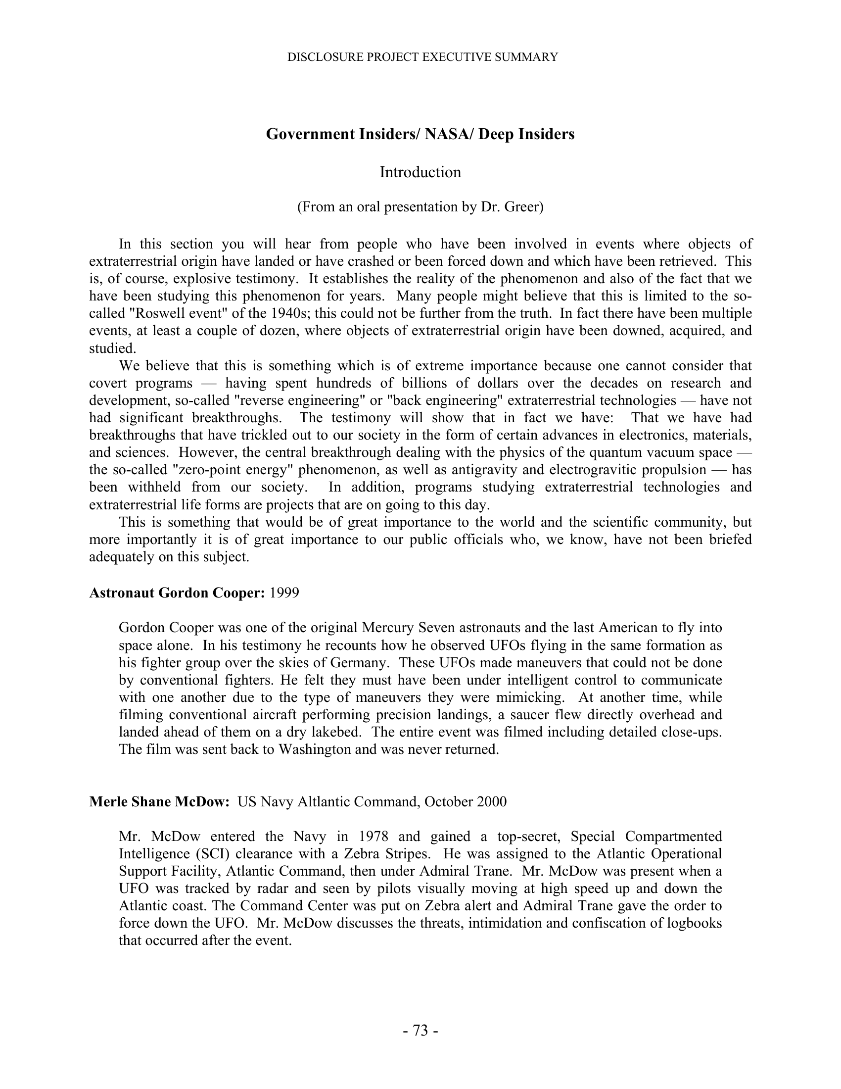 Steven Greer Disclosure Project Executive Summary, 99P