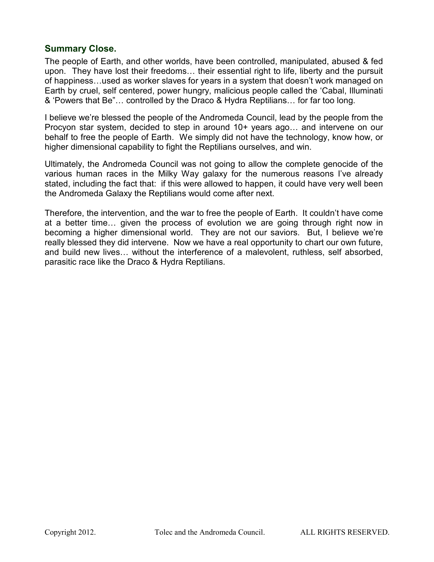 Tolec Reptilian Agenda Milky Way Galaxy Castastrophe, Year 2370 Exopolitics, 5P