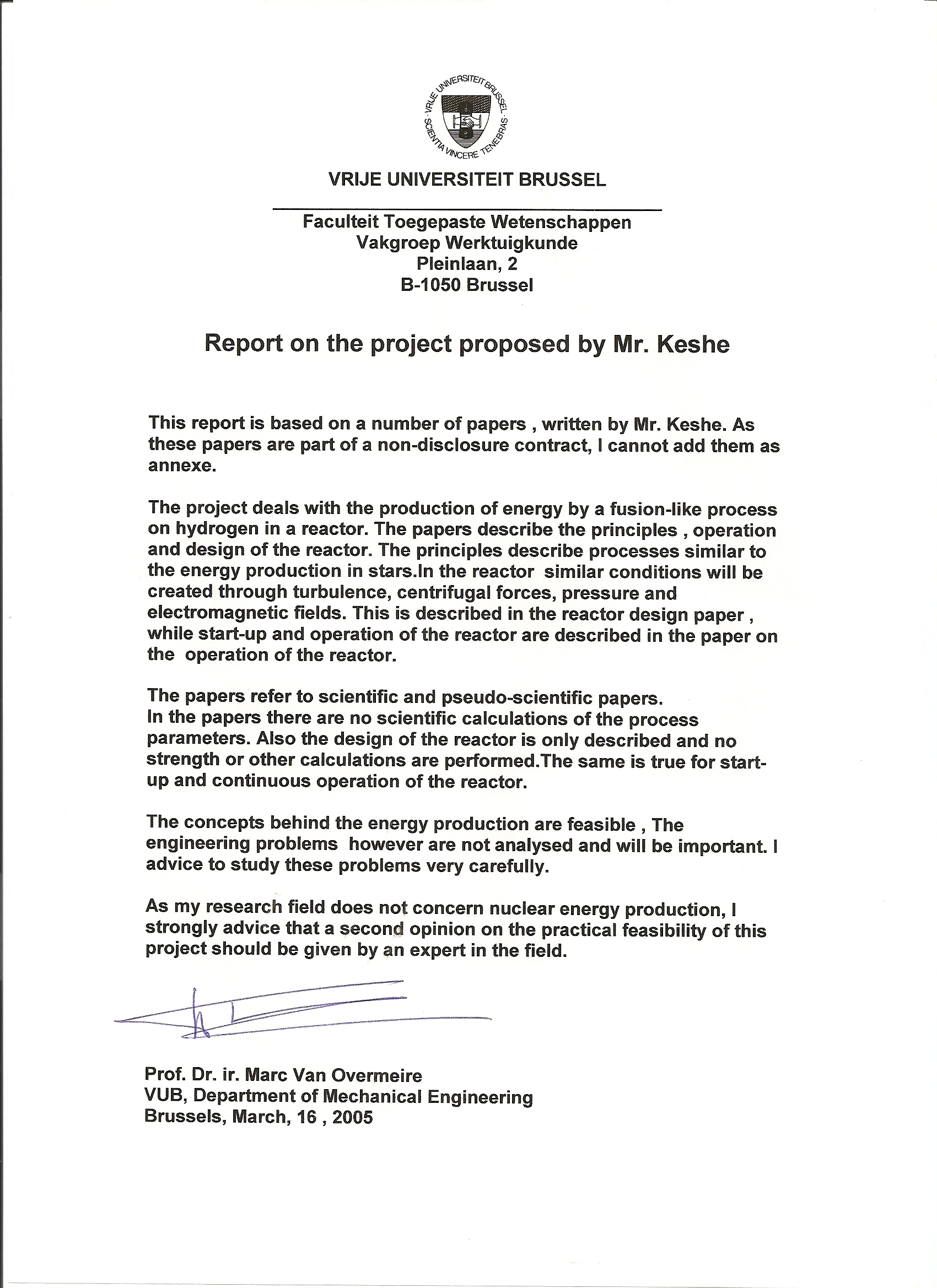 Keshe Prof.Van Overmeire(Vub)