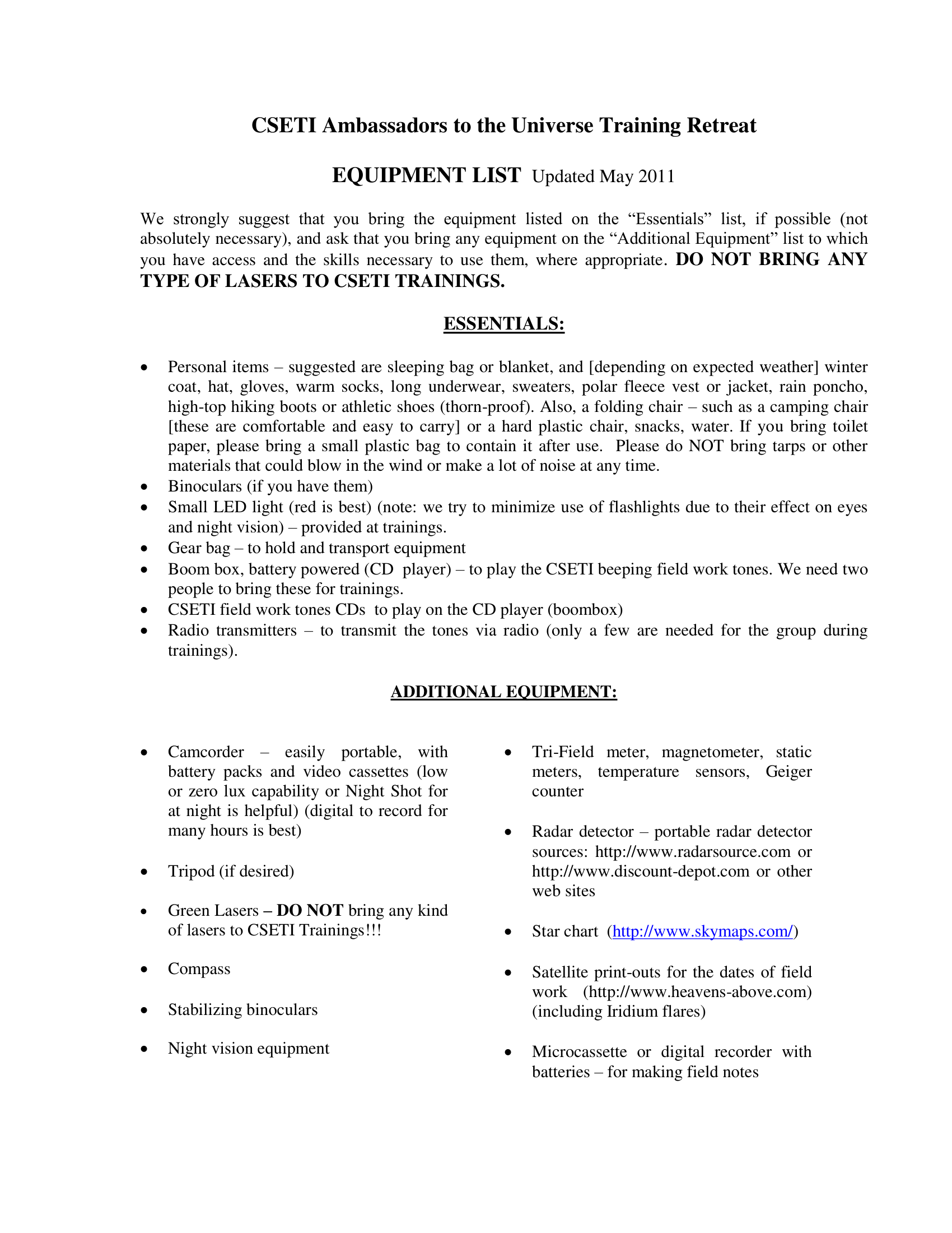 Cseti 05 List Of Recommended Equipment May 2011 For Field Work