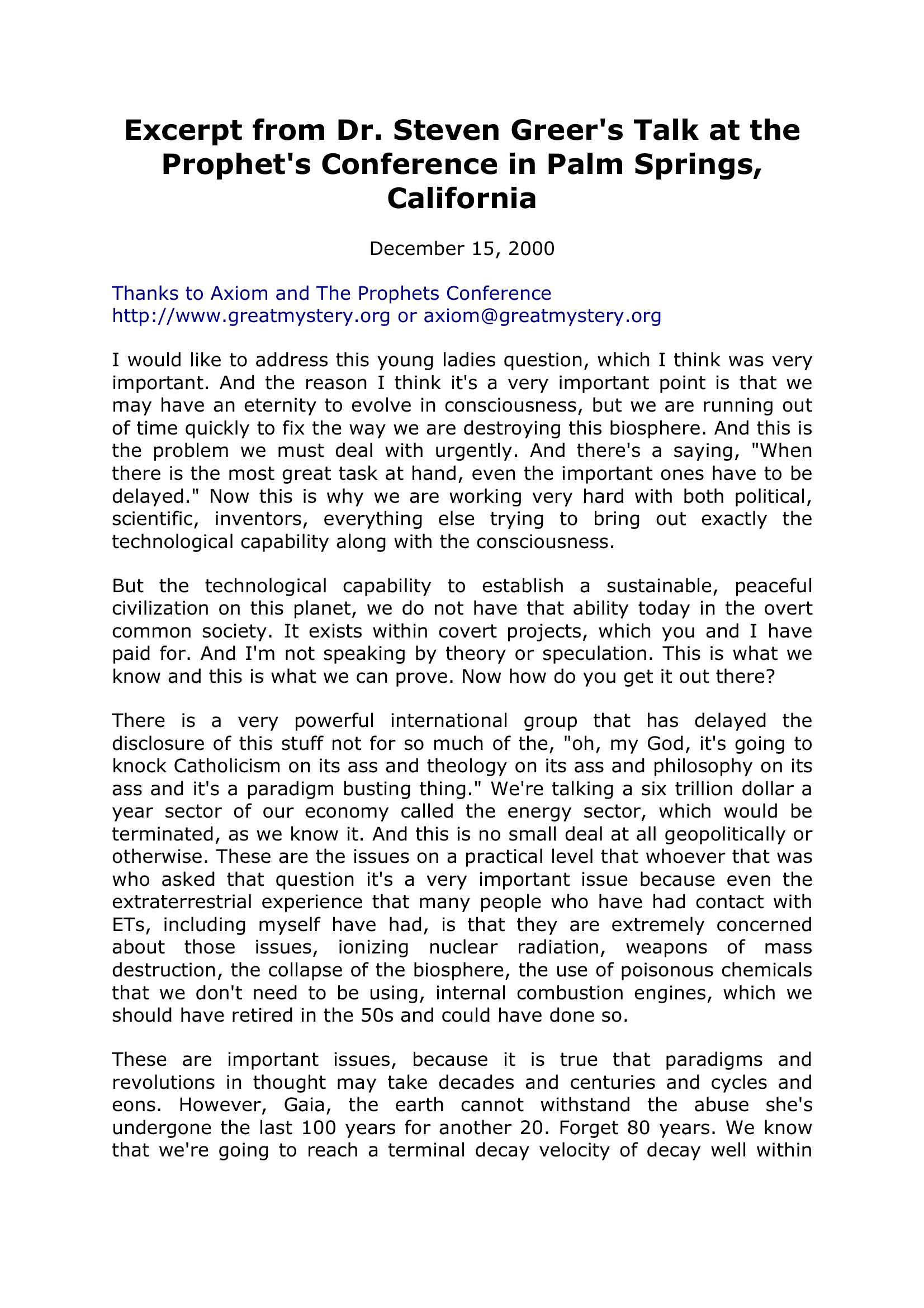 Partial Transcript Of Dr. Greer'S Talk At The Prophet'S Conference December 2000