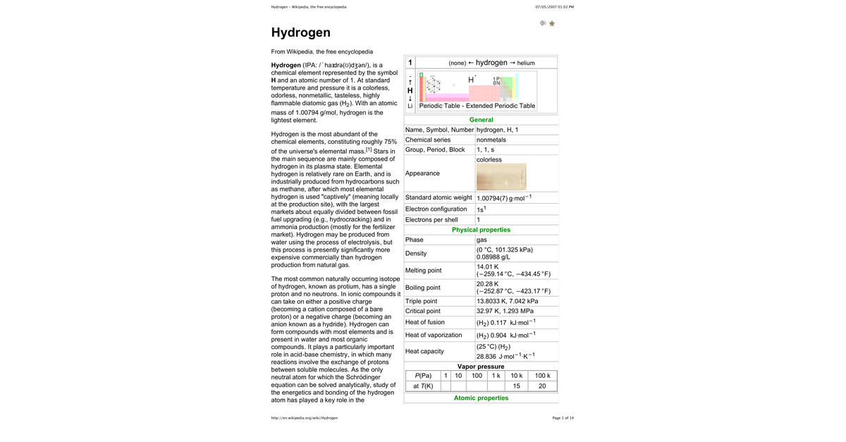 Hydrogen Wikipedia, The Free Encyclopedia