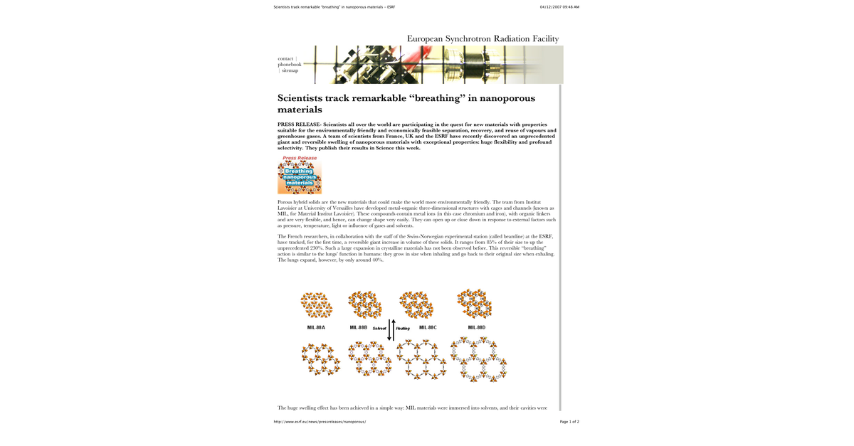 Scientists Track Remarkable “Breathing” In Nanoporous Materials ESRF