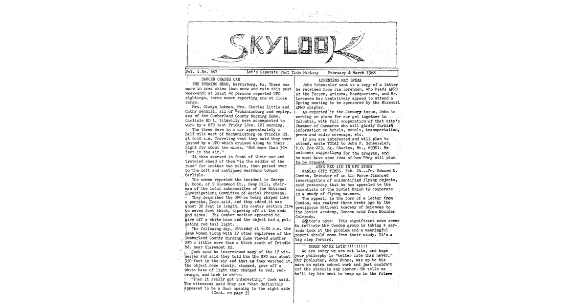 MUFON UFO Journal 1968 2. February March Skylook