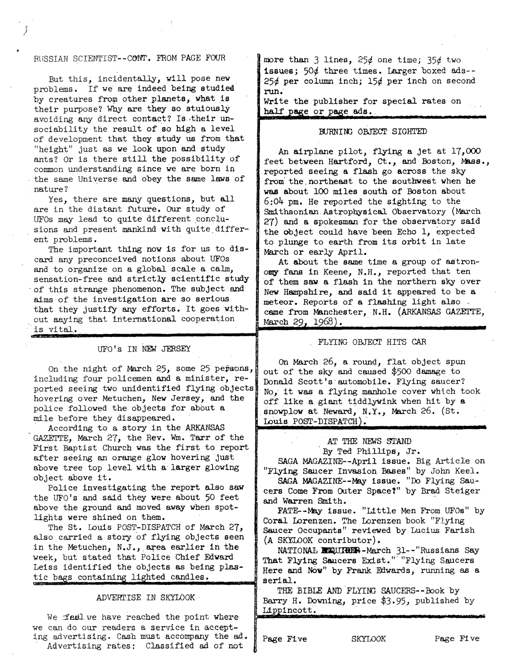 Mufon Ufo Journal 1968. 4. April Skylook