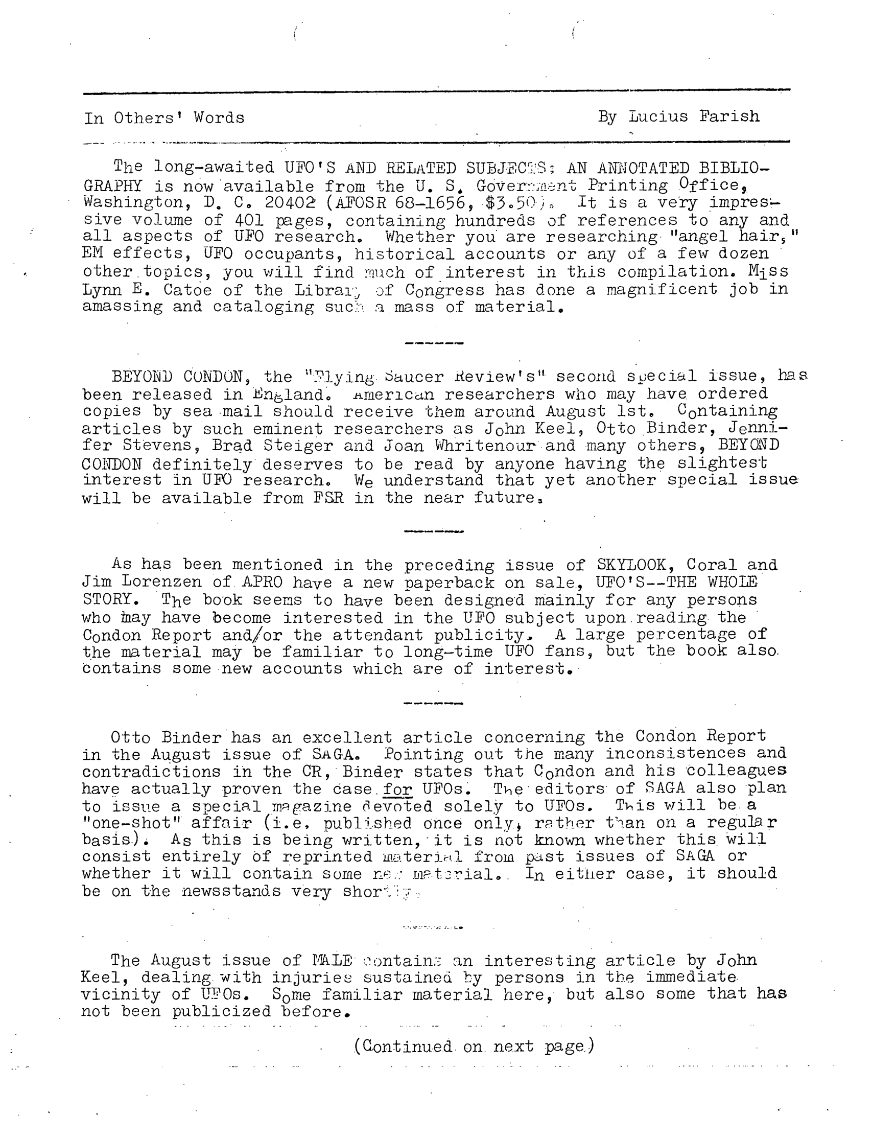 Mufon Ufo Journal 1969 8. August Skylook