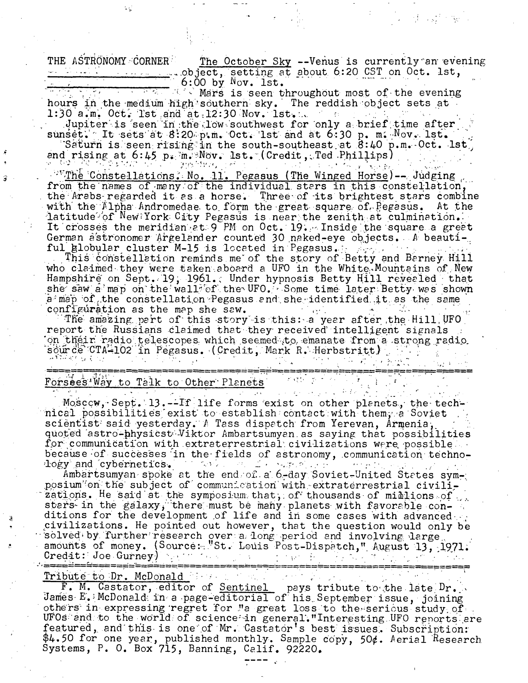 Mufon Ufo Journal 1971 10. October Skylook