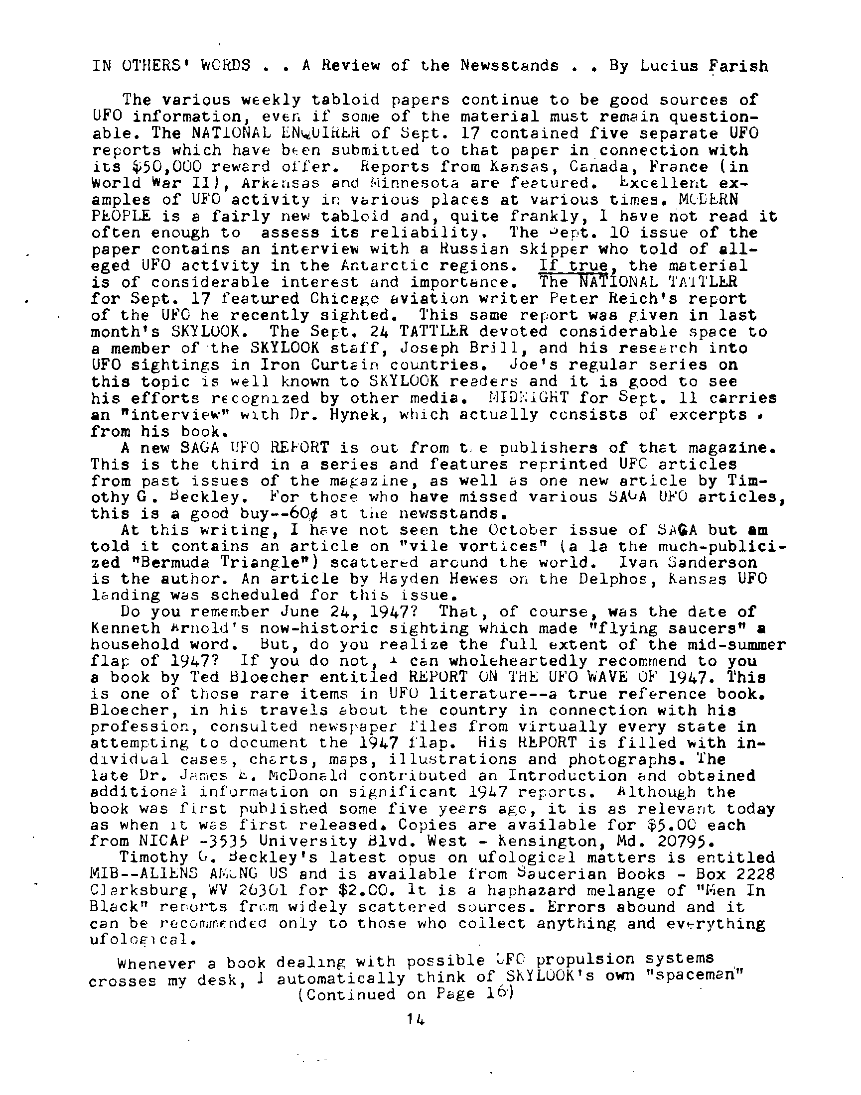 Mufon Ufo Journal 1972 10. October Skylook