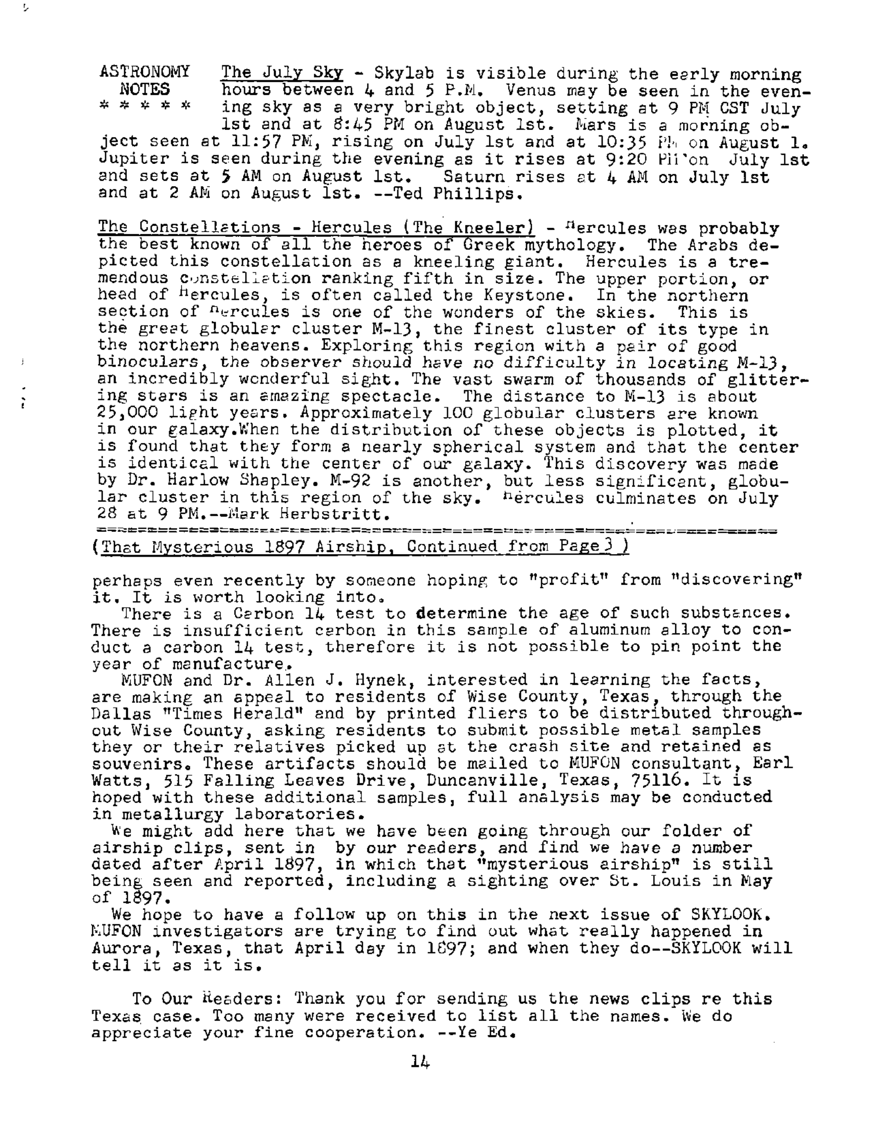 Mufon Ufo Journal 1973 7. July Skylook