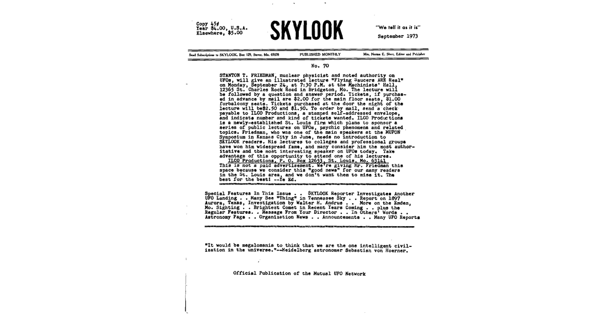 MUFON UFO Journal 1973 9. September Skylook