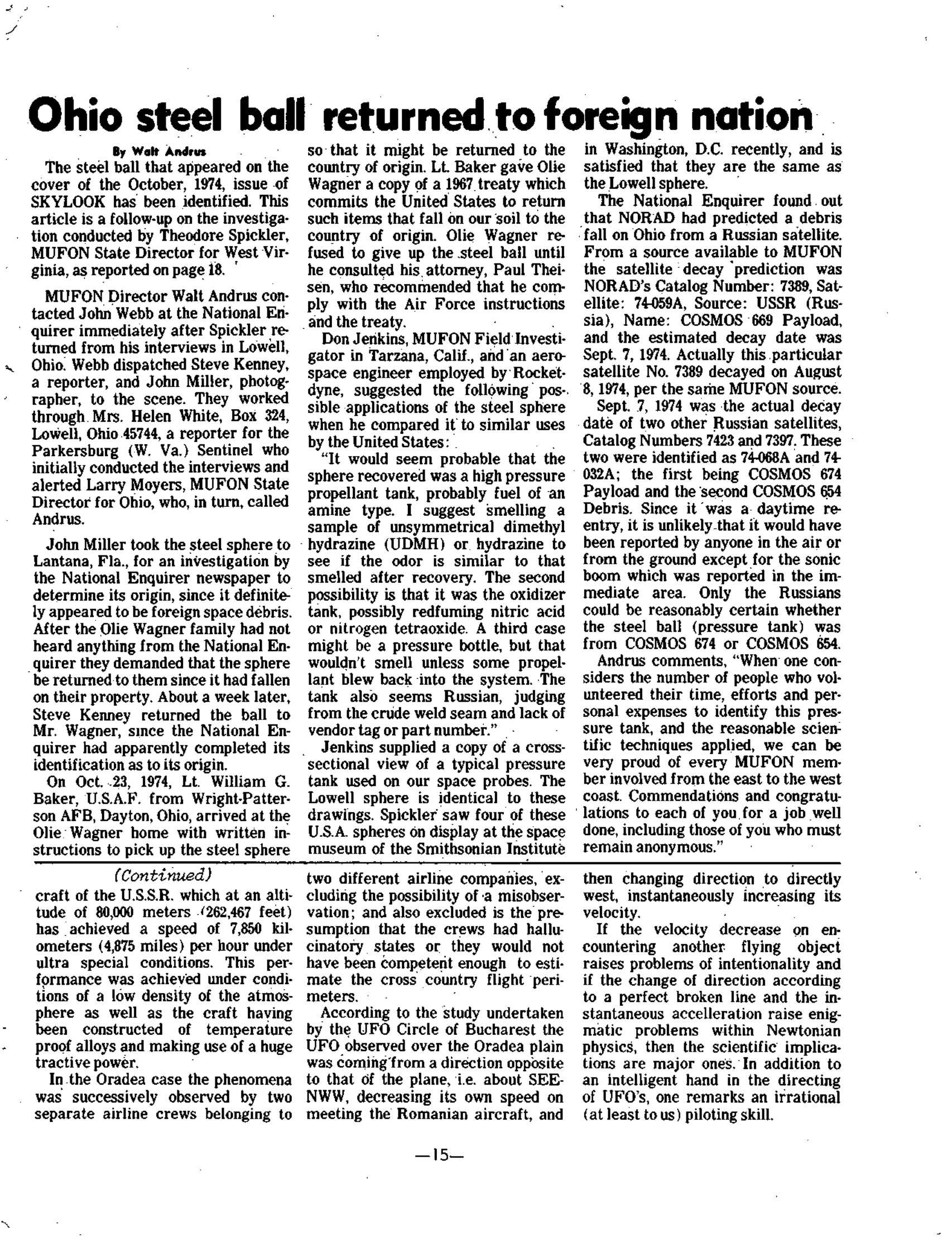 Mufon Ufo Journal 1974 12. December Skylook