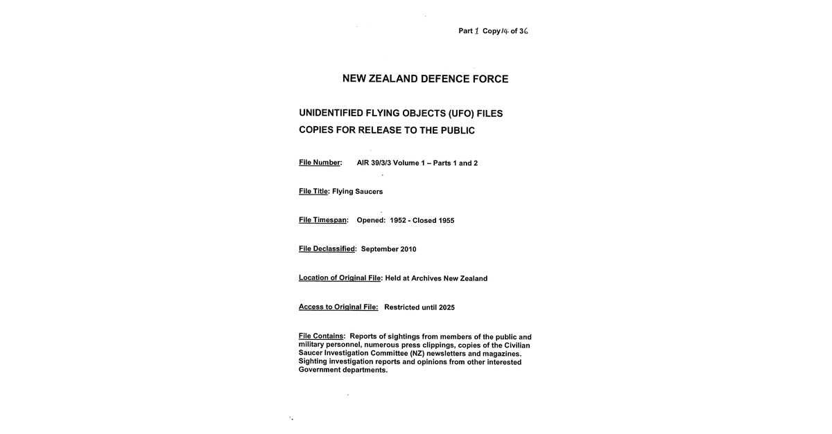 New Zealand Defence Force UFO Disclosure 1952 1955 445 Pages
