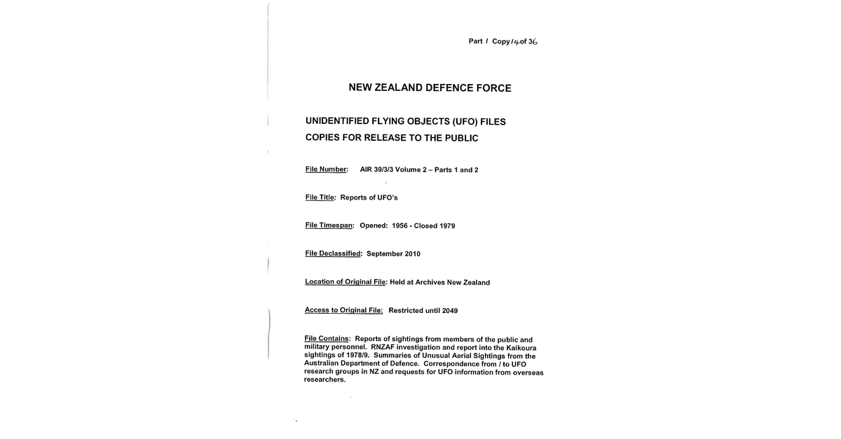 New Zealand Defence Force UFO Disclosure 1956 1979 387 Pages
