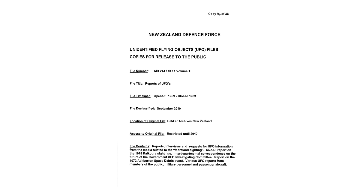New Zealand Defence Force UFO Disclosure 1959 1983 225 Pages