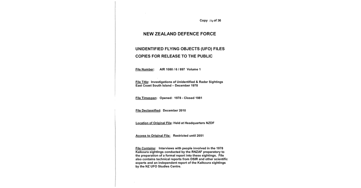 New Zealand Defence Force UFO Disclosure 1978 1981 206 Pages