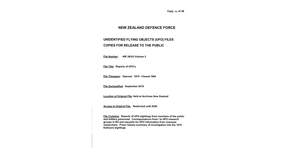 New Zealand Defence Force UFO Disclosure 1979 1980 119 Pages