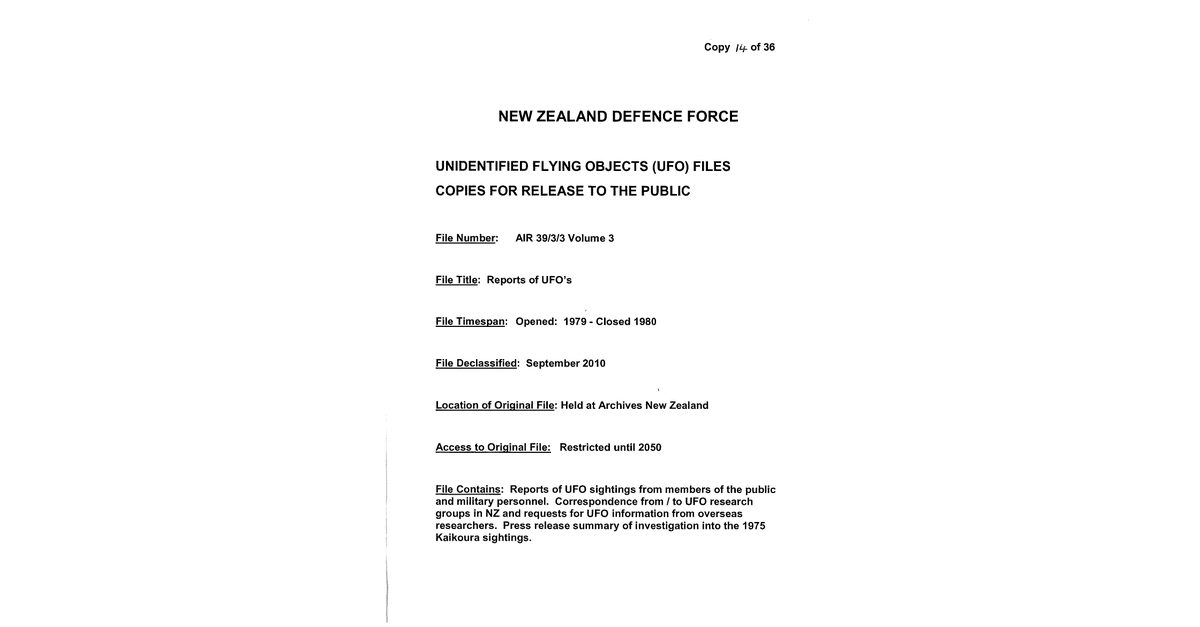 New Zealand Defence Force UFO Disclosure 1979-1980 (119 pages)