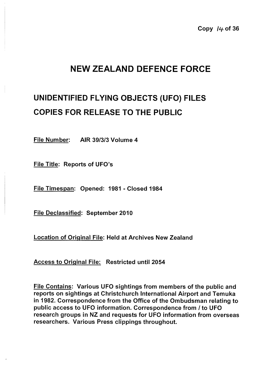 Patent New-Zealand-Defence-Force-UFO-Disclosure-1981-1984-185-pages — page 1