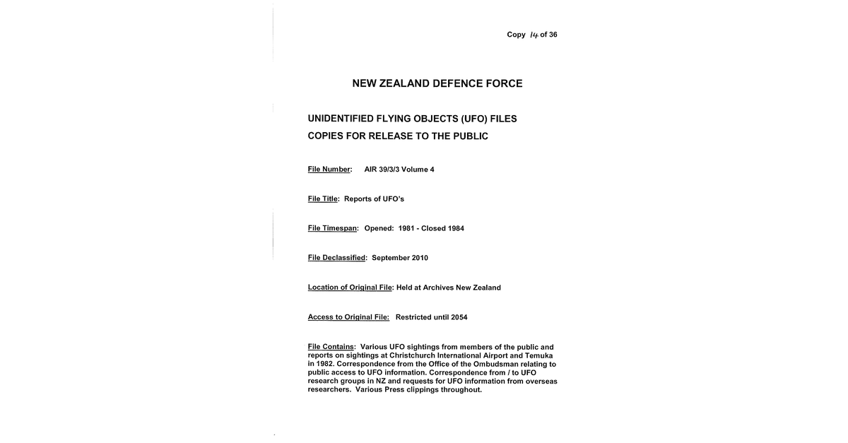 New Zealand Defence Force UFO Disclosure 1981 1984 185 Pages