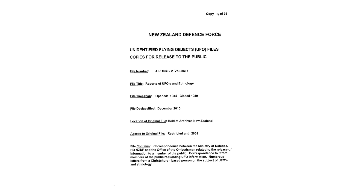 New Zealand Defence Force UFO Disclosure 1984 1998 133 Pages