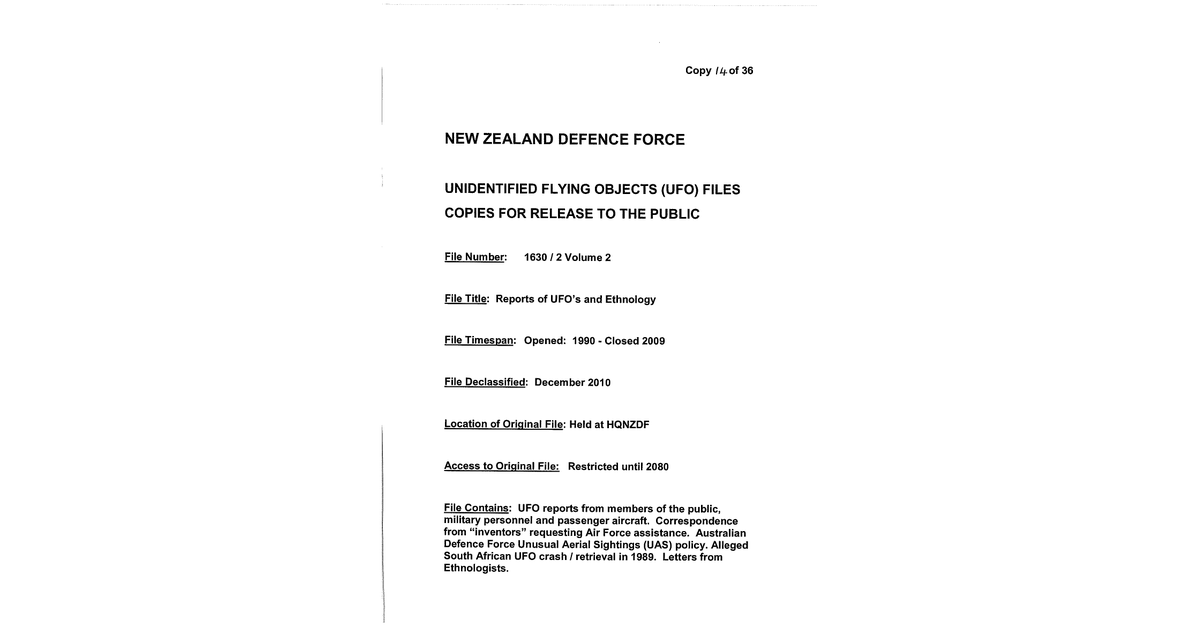 New Zealand Defence Force UFO Disclosure 1990 2009 153 Pages