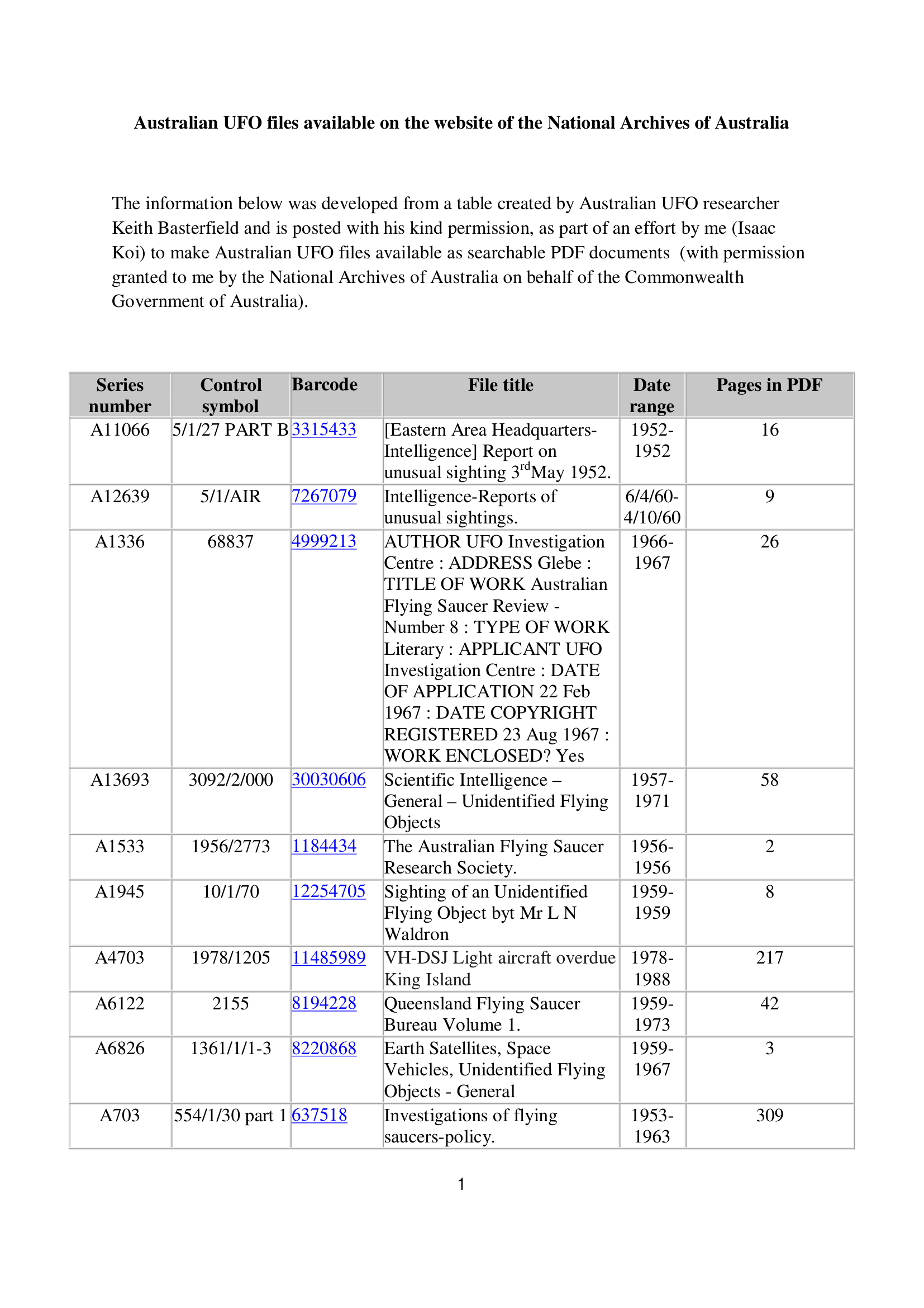 FOIA notes — Australian National Archives file numbers